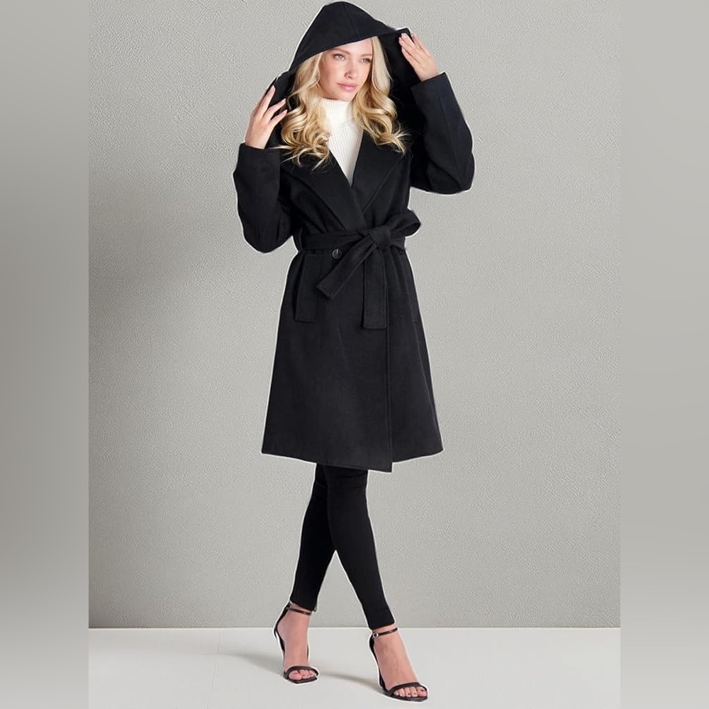 New Avec Les Filles Black Double Breasted Hooded Robe Coat Size XL Anthropologie